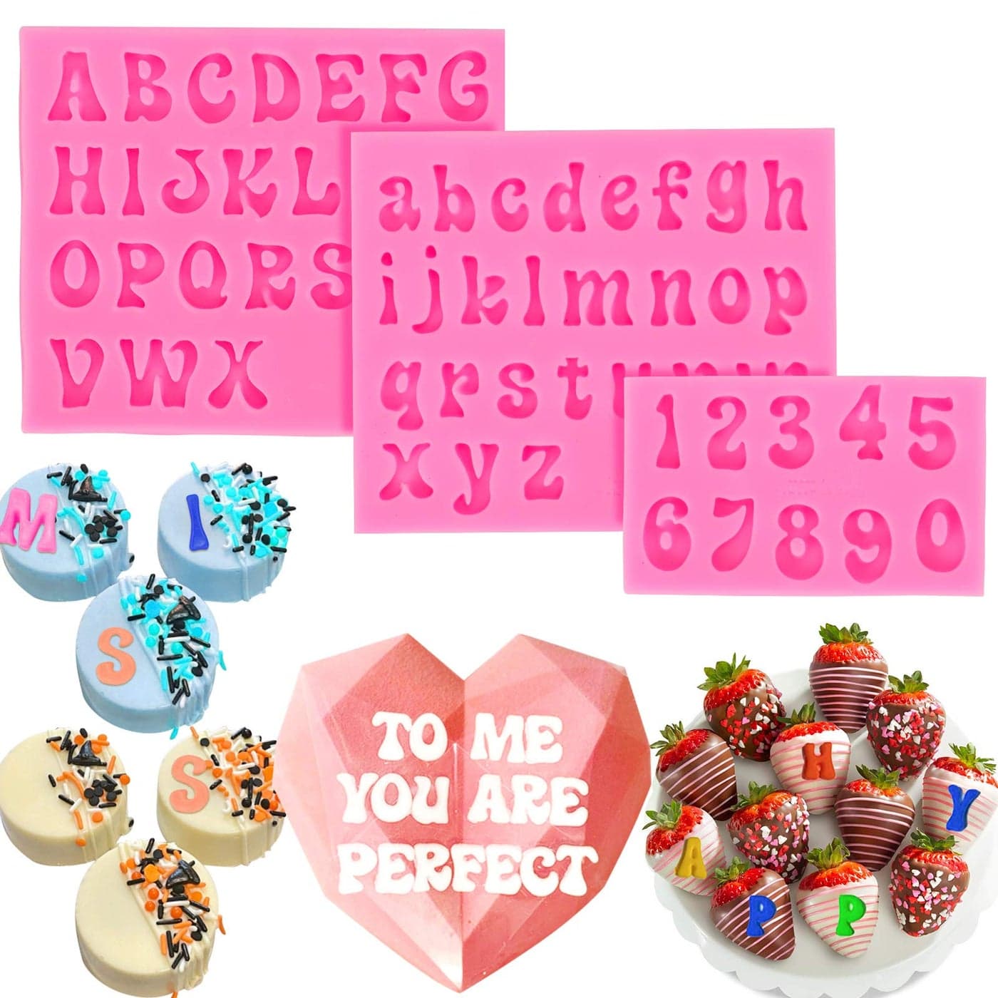 Mity rain 3pcs Letter Molds for Chocolate Covered Strawberries Silicone Uppercase Lowercase Alphabet Number Fondant Mold for Making Candy Gummy Biscuit Ice Cube Tray Cake Decorations
