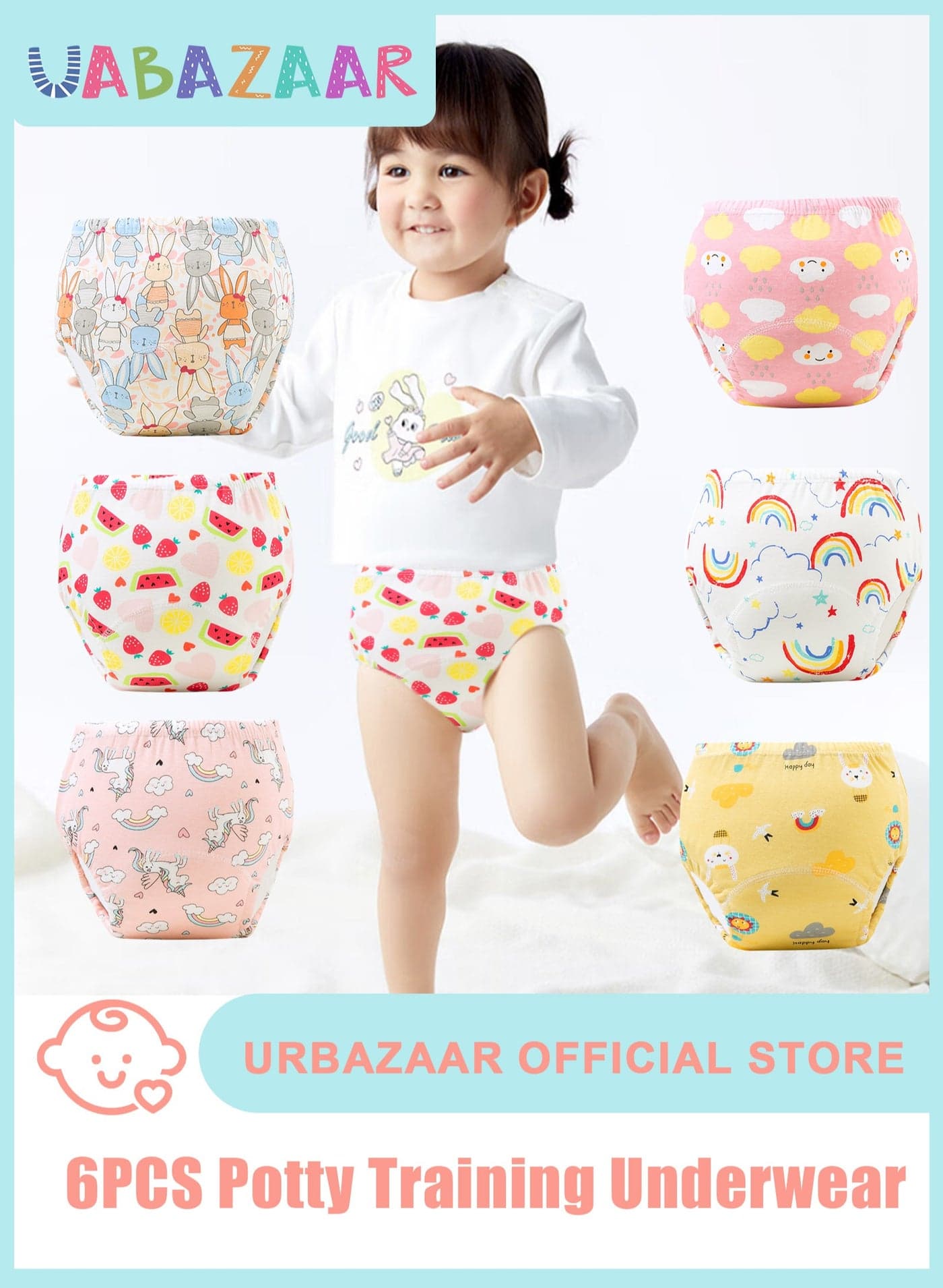 Baby Potty Training Underwear for Boys and Girls, 6 Pack Absorbent Training Pants for Toddlers with Printed Reusable Cotton Toilet Training Pants for 12-18kg Kids (2-4 Years/110 yards)