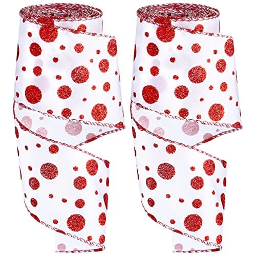 2 Rolls 25 Inch x 6 Yards Christmas Red and White Ribbon Christmas Candy Cane Wired Edge Ribbons DIY Craft for Xmas Tree Decorations Wreath Bows Making Gift WrappingPolka Dots