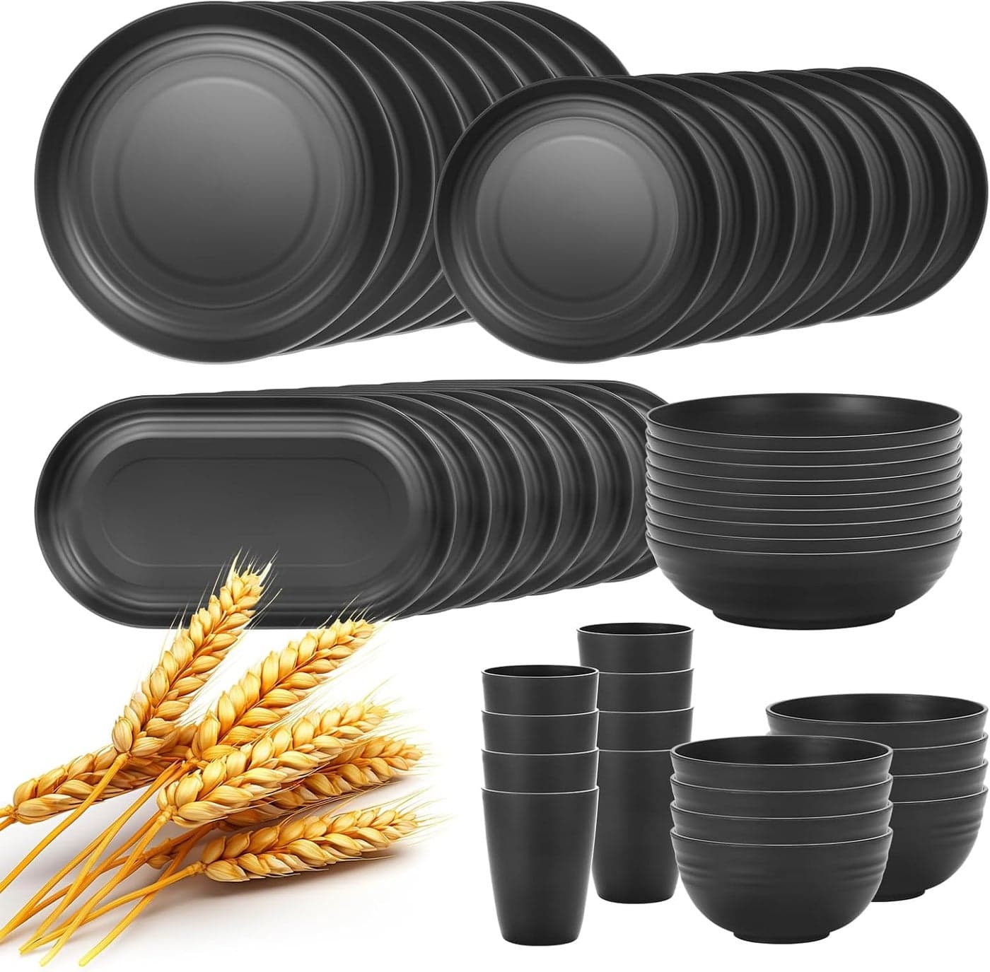 Lazycorner 48Pcs Kitchen Wheat Straw Dinnerware Set Service for 8 Plastic Reuasble Dinner Dishes Serving Plate Set for Kitchen Including Dinner Plate Dessert Plates Bowl CupBlack