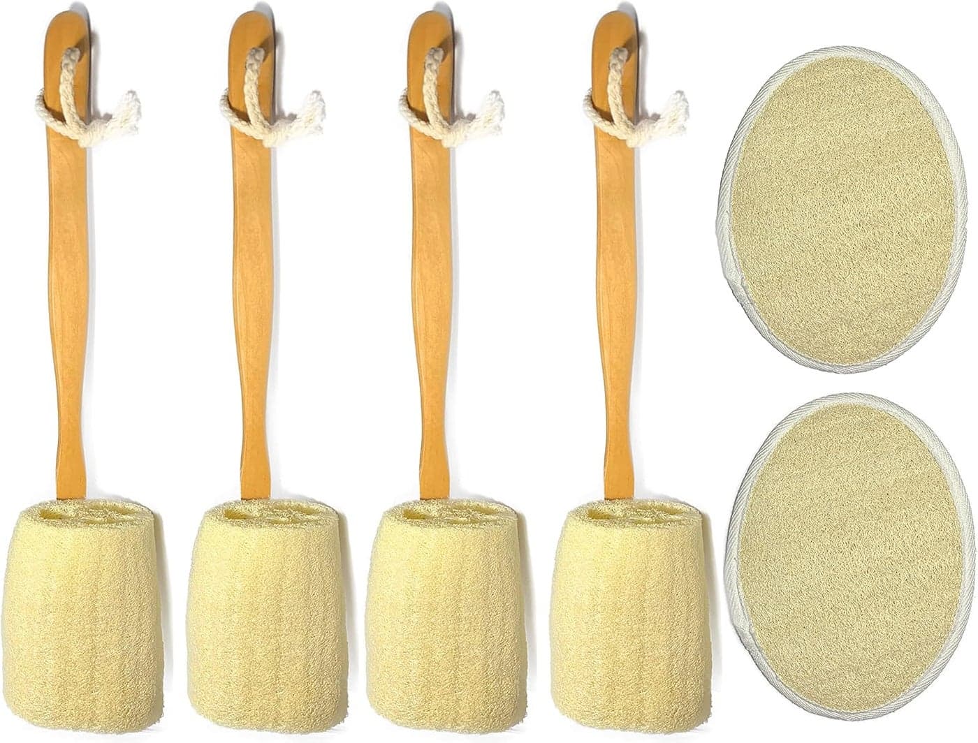 6 pcsSet 4 Natural Exfoliating Loofah luffa loofa Bath Brush On a Stick with Long Wooden Handle Back Brush for Men Women 2 XL Large Exfoliating Body Pad Shower Sponge Body Back Scrubber