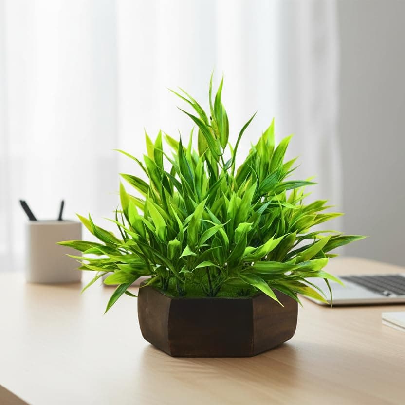 fancymart Artificial Bamboo Leaves in Wooden Hexagon 5-Inch Pot – Elegant Tabletop Plant Decoration for Living Room, Office Desk & Shelf Styling (Pack of 1)