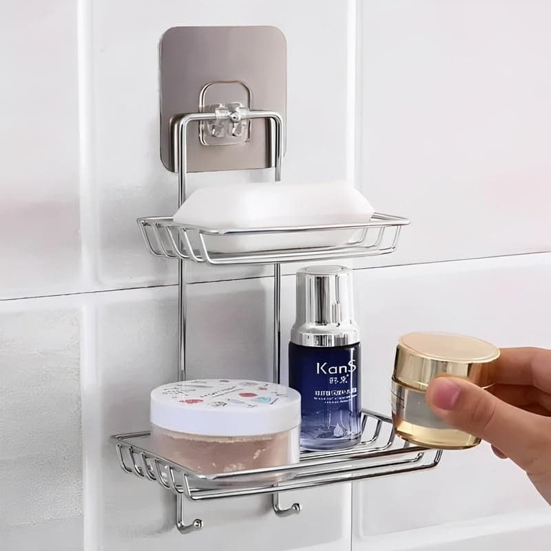 Puno 2-Layer Wall Mounted Soap Dish & Storage Rack – Rustproof Stainless Steel Bathroom Shelf with Hooks, Self Adhesive No-Drill Shower Organizer for Kitchen, Wash Basin & Toiletries (Silver)