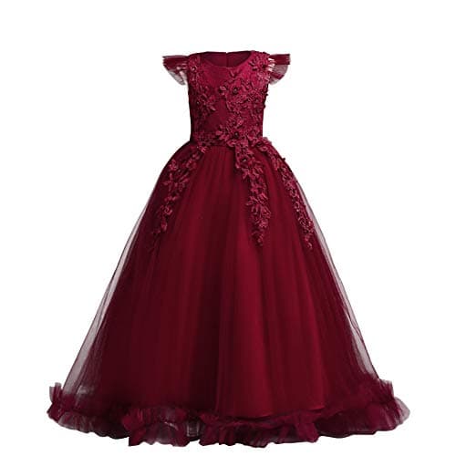 Big Little Girl Princess Embroidery Flower Lace Long A Line Pageant Dress Kids Floor Length Prom First Holy Communion Bowknot Dress Puffy Tulle Maxi Ball Gown for Wedding Party Birthday Red 8-9