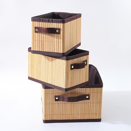 Kuber Industries Pack of 3 Bamboo Cloth Storage Baskets | Natural Cube Storage Baskets | Foldable & Durable | SPYLH1001 | Brown