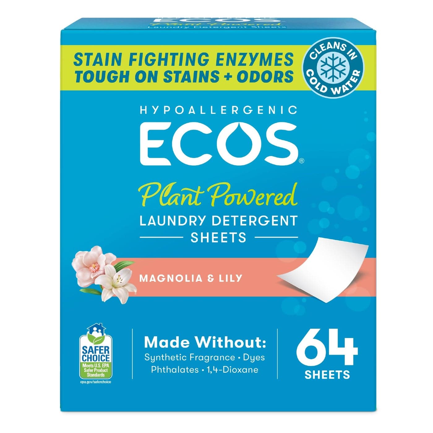 ECOS Laundry Detergent Sheets Vegan No Plastic Jug No Mess Liquid Free Laundry Sheets in Washer Hypoallergenic Plant Powered Laundry Detergent Sheets Magnolia Lily 64 Sheets Pack of 1