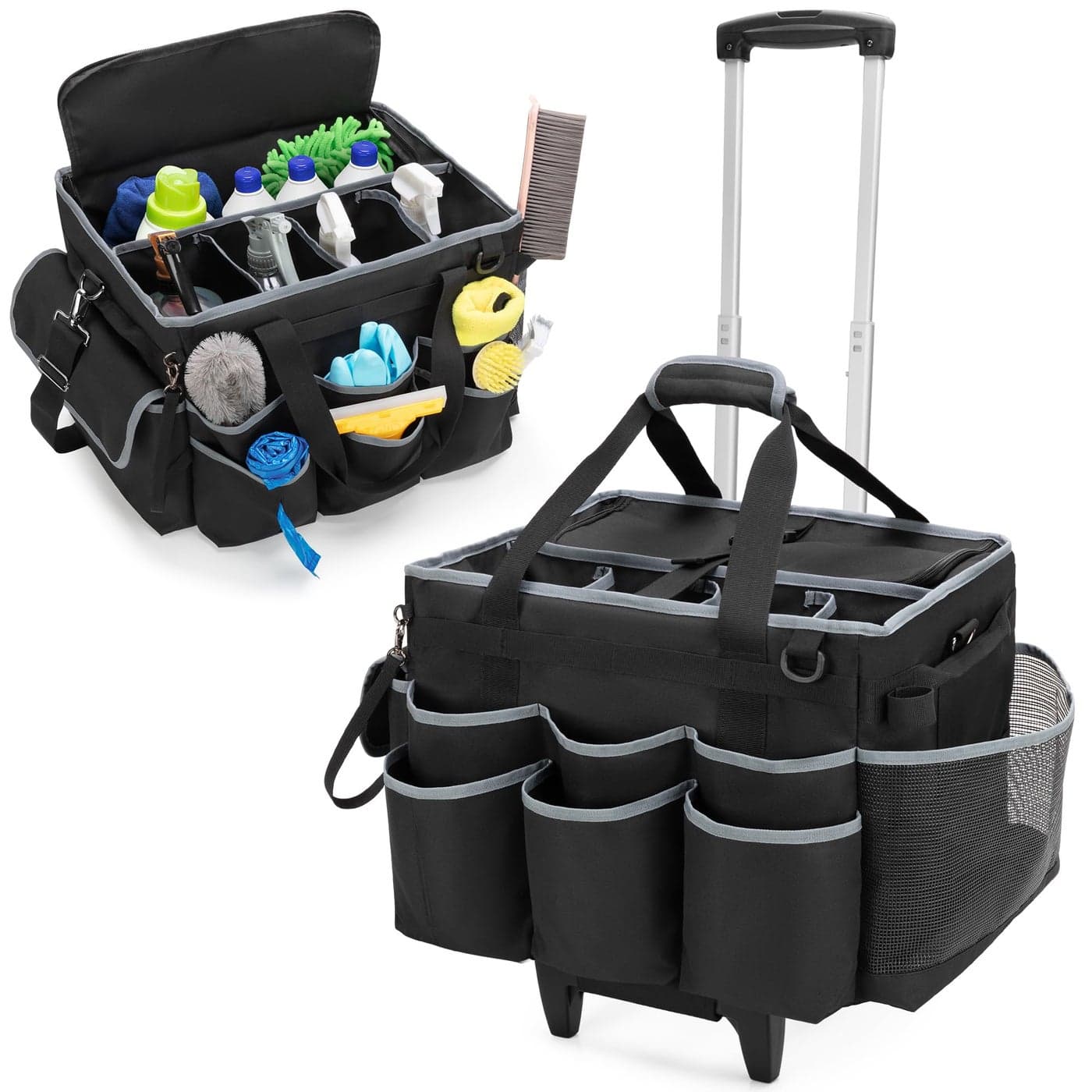 HODRANT Large Cleaning Caddy with Detachable Trolley Shoulder Strap Cleaning Supplies Bag with Handles Support Plates Cleaning Product Rolling Organizer for Car Wash and Housekeeping