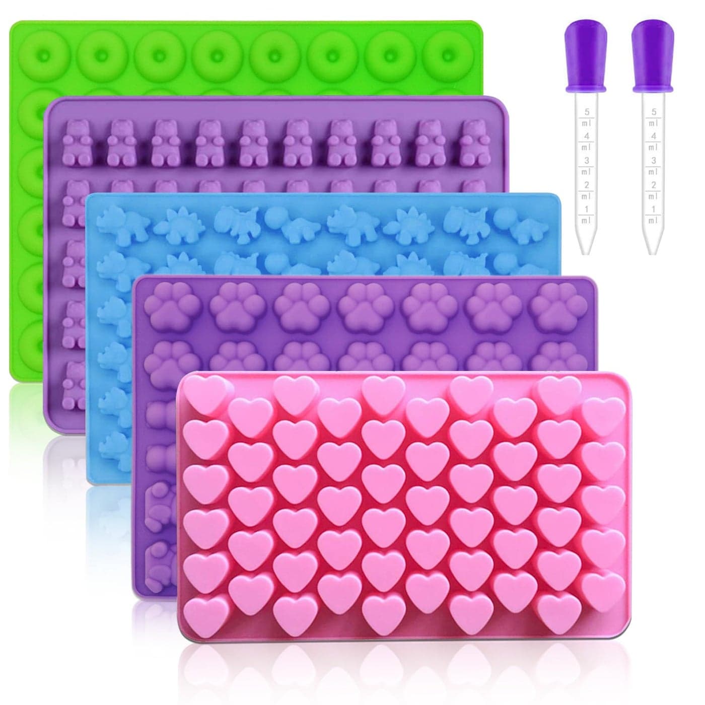Pharamat Silicone Gummy Molds Set of 5 Candy Molds with 2 Droppers for Convenient Filling Silicone Gummy Molds Set Includes Dinosaur Bear Donut Heart and Cat Shapes