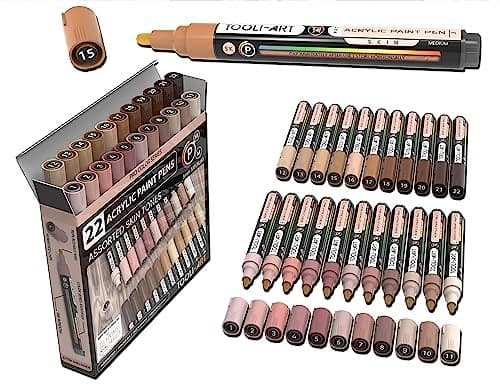 TOOLIART 22 Acrylic Paint Markers Paint Pens Pro Color Series Set 3mm Medium Tip for Rock Painting Glass Mugs Wood Metal Glass Paint Canvas DIY Non Toxic Waterbased Quick Drying SKIN