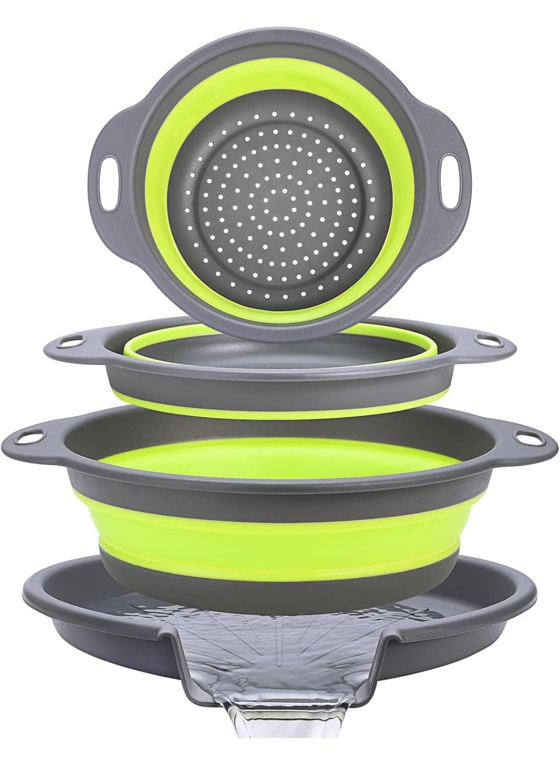 4-Piece Collapsible Sink Strainer with Self-Draining Base - Kitchen Strainer Basket With Base, Foldable Vegetable Fruit Washing Basket, Food Filter, Space Saving Design , Nested Design for Easy Storage, Green/Grey (32.5*29.5*4.5cm)