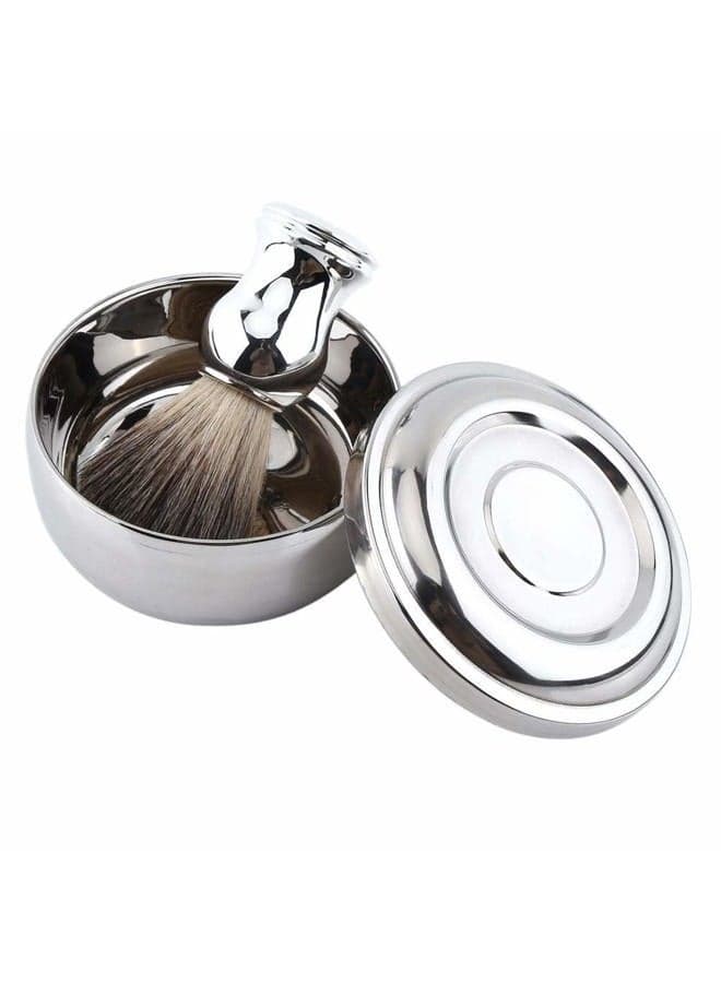 Professional Men Shaving Tool Kit Alloy Shaving Soap Mug Bowl with Lid + Silver Handle Faux Hair Brush Men Shave Tool Kit