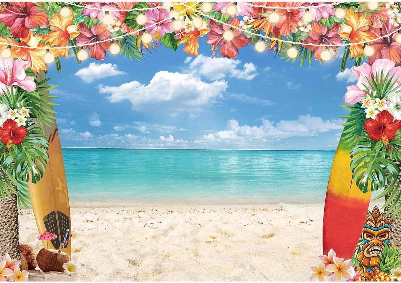 LIVUCEE 12X8FT Summer Hawaiian Luau Beach Backdrop for Photography Tropical Flower Luau Hawaiian Party Decorations Aloha Blue Sky Ocean Palm Leaves Background Supplies Photoshoot