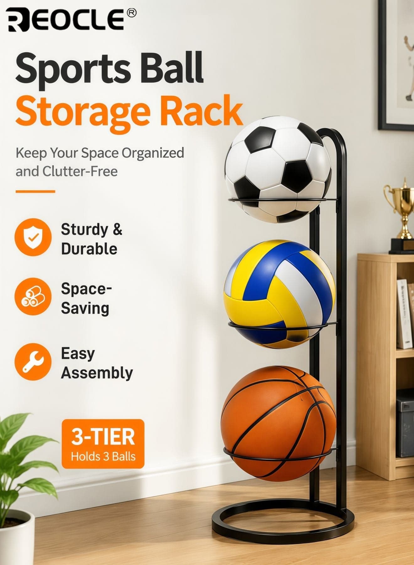 3-Layer Storage Rack for Sports Balls Durable Display Rack for Basketball Football Volleyball Durable Iron Suitable for Living Rooms Garages