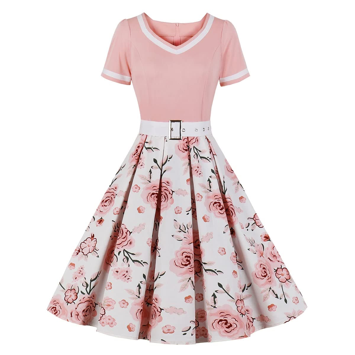 Womens Vintage 1950s Floral Spring Garden Rockabilly Swing Prom Party Cocktail Dress Short Sleeve V Neck 50s Dresses for Women Retro Dresses for Women Vintage CPink M