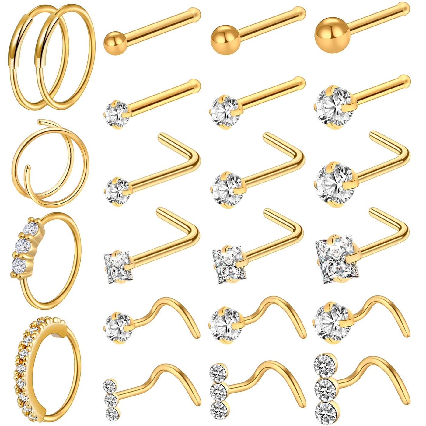 ONESING 23Pcs Gold Nose Rings for Women 20G Nose Piercing Jewelry L Shape Nose Studs Nose Rings Hoop Nose Jewelry Gold Stainless Steel Studs Screw Body Piercing Jewelry for Women Men