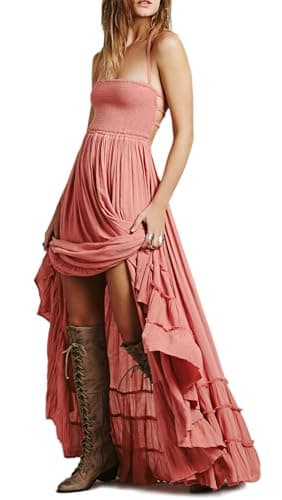 R.Vivimos Womens Summer Boho Sexy Backless Long Dresses (Medium, Pink)