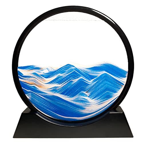 HYUGF Moving Sand Art Picture Ocean Decor 3D Deep Sea Sandscape Liquid Motion Round Glass Frame Display Flowing Sand Relaxing Gift for Kids Adults Home Office Work Desktop Decoration Toy Blue 7