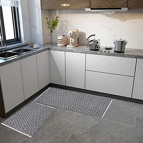 Zesture Long Cotton Diamond Area Rug Runner Reversible Hand Woven Cotton Throw Rug Floor Mat Carpet Runner for Kitchen Bedroom Entryway Laundry Room (24" x 36" +24" x 60 ", Black -Ivory)