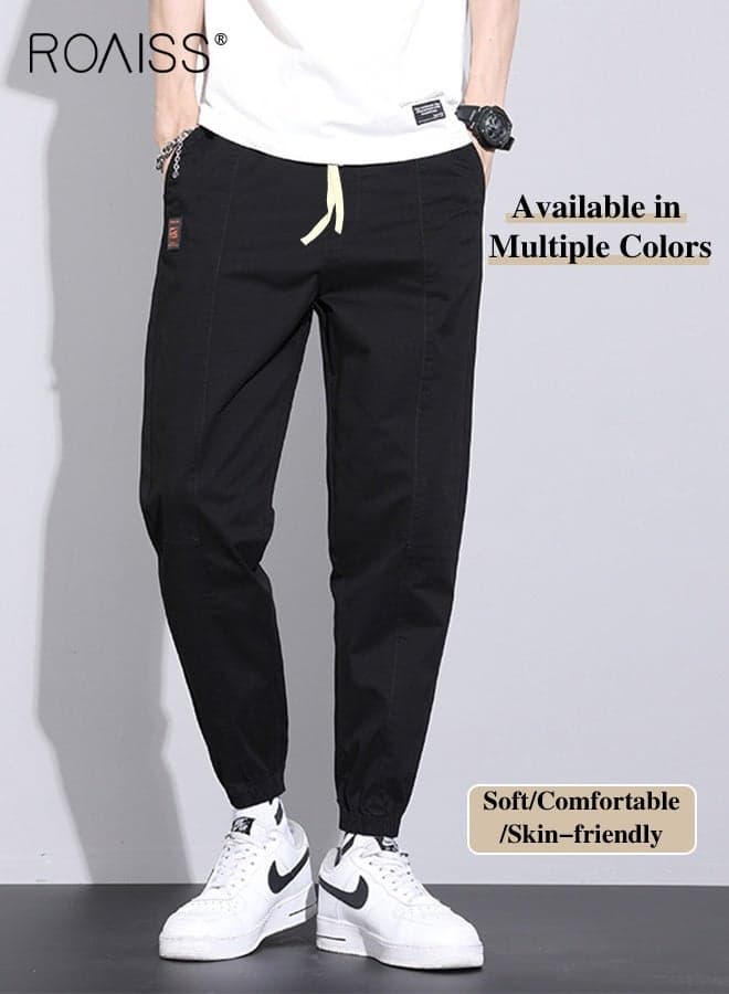 Men Fashionable and Comfortable Cotton Cargo Pants Loose Fit Joggers with Cuffed Ankles Ideal for Sports and Casual Wear Soft Breathable Multiple Pockets Solid Color Black
