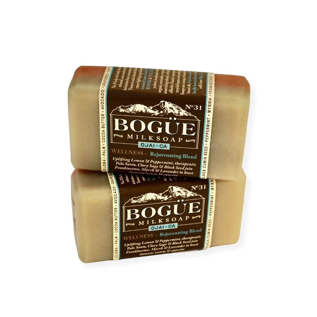 Handmade Goat Milk Soap Two bars BOGUE No31 WELLNESS Rejuvenating Blend Uplifting Lemon Peppermint therapeutic Palo Santo Clary Sage