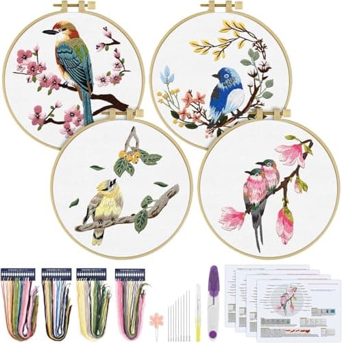 ERKOON 4 Sets Embroidery Kit for BeginnersHummingbird and Flower Cross Stitch Set for Include Embroidery Cloth Hoops Threads for Craft Lover Hand Stitch Flowers and Birds