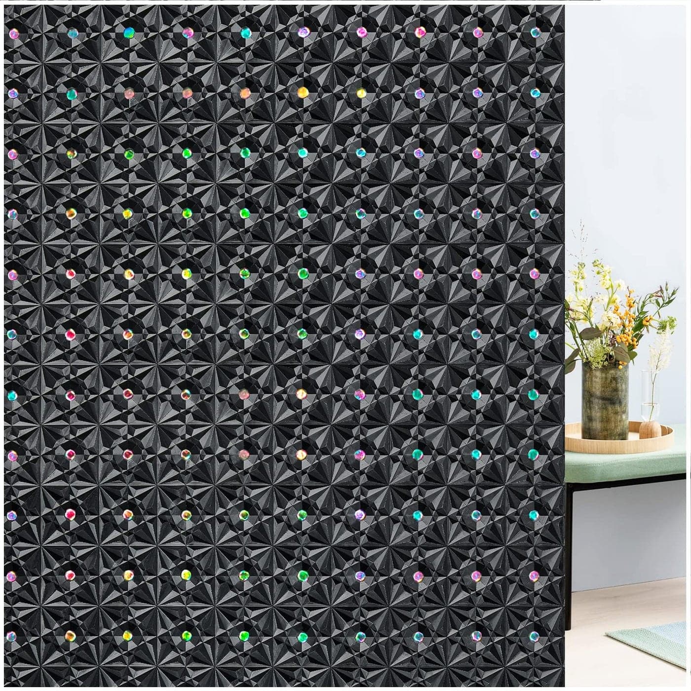 Windimiley Window Privacy Film Stained Glass Window Film Heat Control UV Frosted Rainbow Bathroom Decorative Film Diamond 3D Static Clings Peel and Stick Window Tint for Home Black118x787inch
