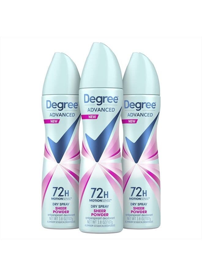 Degree Advanced Antiperspirant Deodorant Dry Spray 72-Hour Sweat and Odor Protection Sheer Powder Deodorant Spray For Women With MotionSense Technology 3.8 oz, Pack of 3