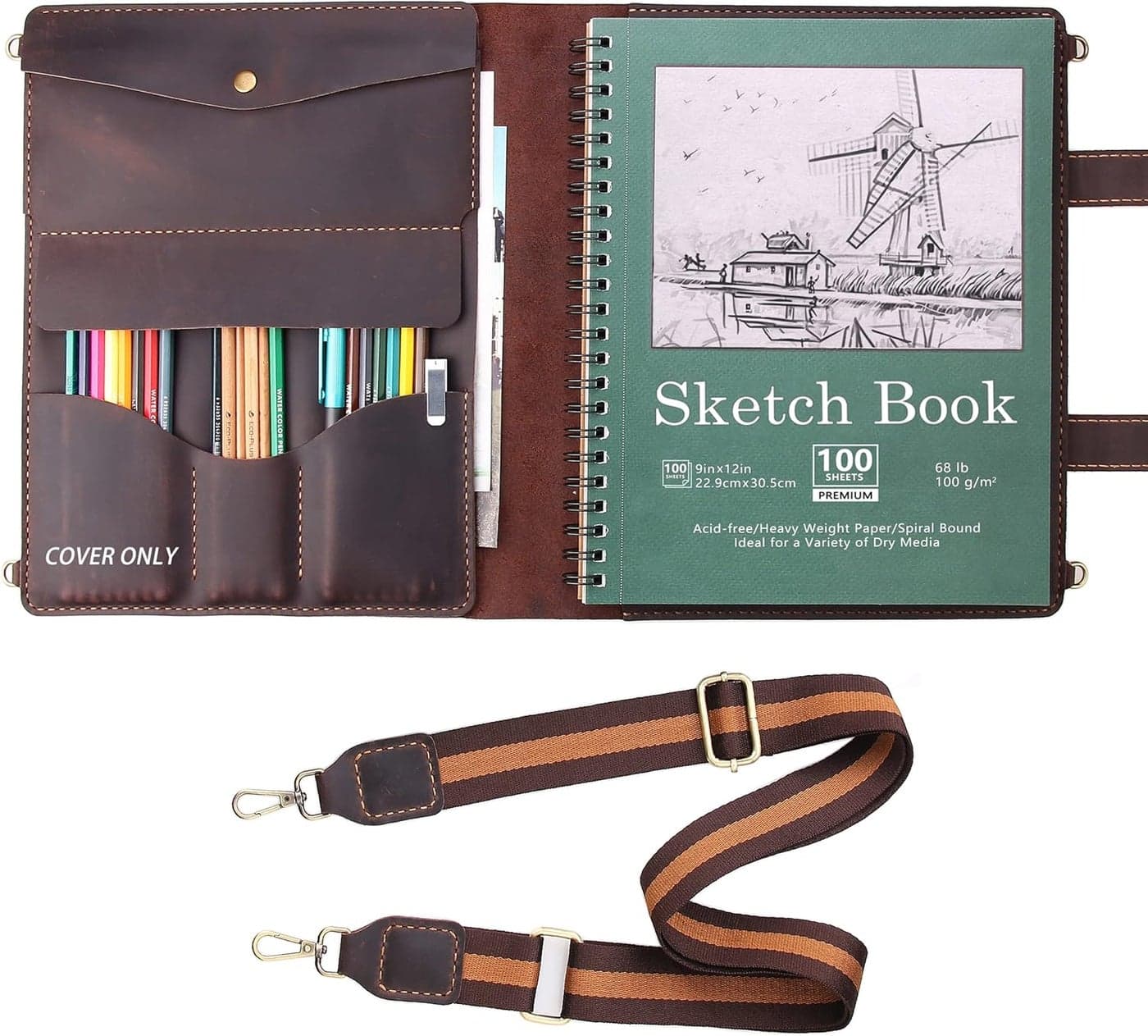 Robrasim Handmade Leather Sketchbook Cover Artist Sketch Pad Holder for 9X12 Sketchbook Drawing Book and Pencil Case Journal Notebook Portfolio with Shoulder Strap Artist Gifts Coffee