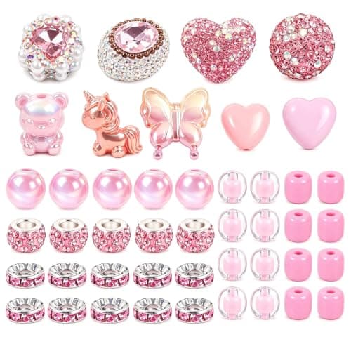 49PCS Pink Rhinestone Beads for Beadable Pens Acrylic Focal and Spacer Set 2mm Hole Cute Butterfly Unicorn Heart Bear Charms for DIY Pen Bracelet Keychain Jewelry Making