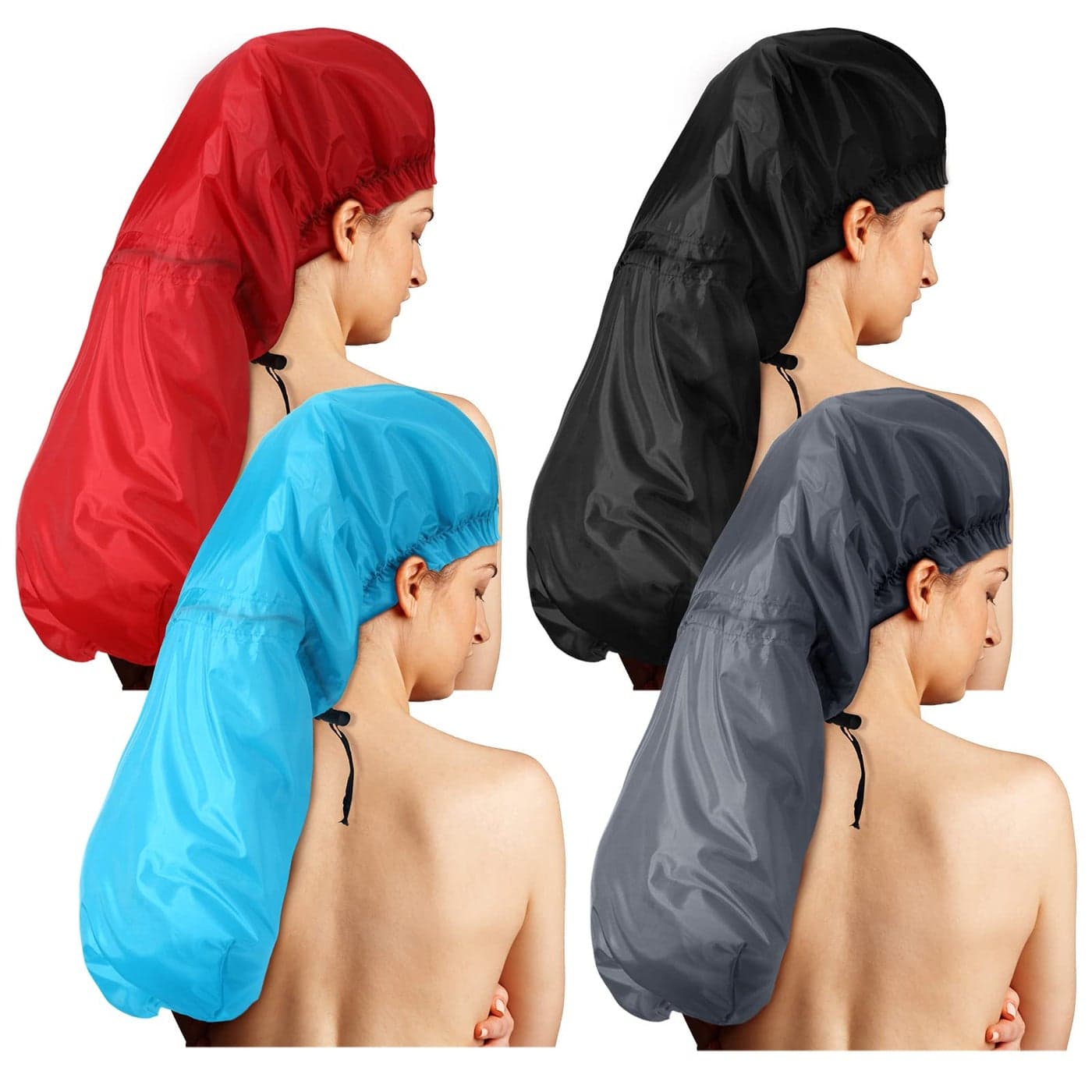 Eurzom 4 Pcs Jumbo Adjustable Braids Shower Cap for Long Hair Extra Large Shower Cap for Women Men Foldable Waterproof Hair Bonnets Plastic Oversize Bath HatsRed Blue Black Gray