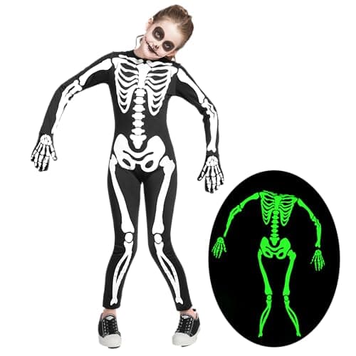 Spooktacular Creations Halloween Kids Skeleton Costume, Unisex Glow in the Dark Skeleton Jumpsuit with Gloves for Boys, Girls Halloween Dress Up, Role Play, Cosplay Party-3T