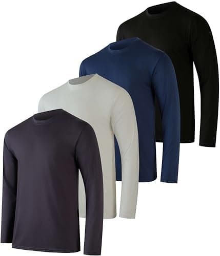 Real Essentials 4 Pack: Mens Long Sleeve Dry Fit T Shirts Hiking Fishing Workout Gym Work Sun UPF 50 Wicking Running Tee, Set 7, Small