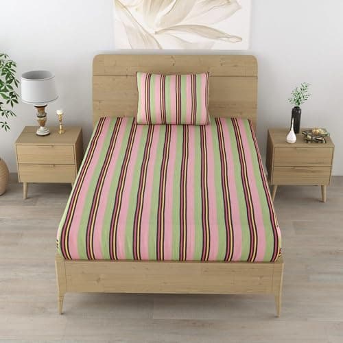 Värde Handloom Single Bedsheet with Pillow Cover 1|Handmade Cotton Bedsheets for Double Bed|Bedsheet Size-220X150 Cm with Coarse Pillow Cover 68X43 Cm-Support Local Artisans,210 tc,Multicolor