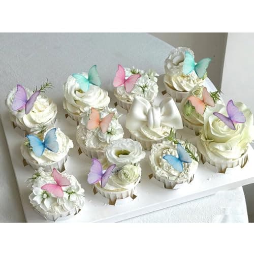 Weraru 48Pcs Edible Wafer Paper Butterflies Cupcake Topper Purple Pink Green Cake Decorations Mixed Color