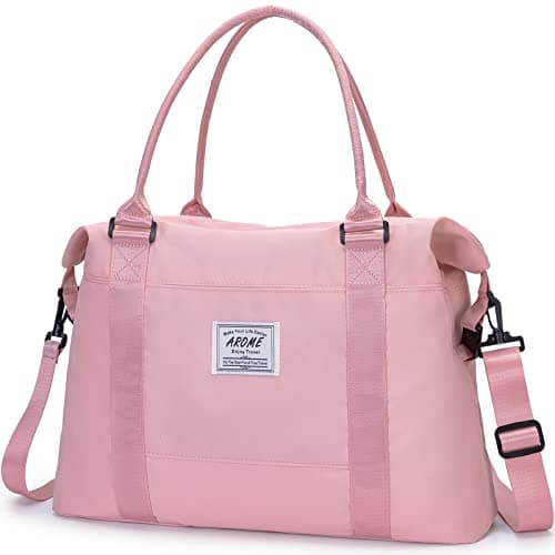 Weekender Bags for Women, AROME Large Travel Duffel Bag Waterproof Overnight Weekend Carry on Shoulder Bag Sports Gym Tote Bag with Wet Pocket Luggage Sleeve & Flight Approved (Pink)