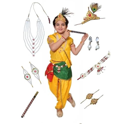 Kaku Fancy Dresses Polyester Krishna Costume For Kids|Kids Krishna Dress For Janmashtami/Kanha/Krishnaleela/Mythological Character Krishna Fancy Dress Costume For Boys/Girls - Yellow (5-6 Years)