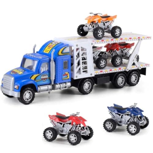 Liberty Imports Auto Hauler Big Rig Toy Semi Truck Car Carrier Transporter Trailer 148 Scale Friction Powered Wheeler Vehicle with 4 ATVs Dirt Bike Assorted Colors