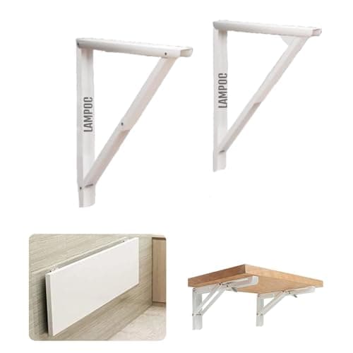 LAMPOC Folding Table Bracket Hinge Wall Mounted, Heavy-Duty Steel Collapsible Shelf, Multipurpose Bracket with Fittings for fold Down Table (White, 16 inch)