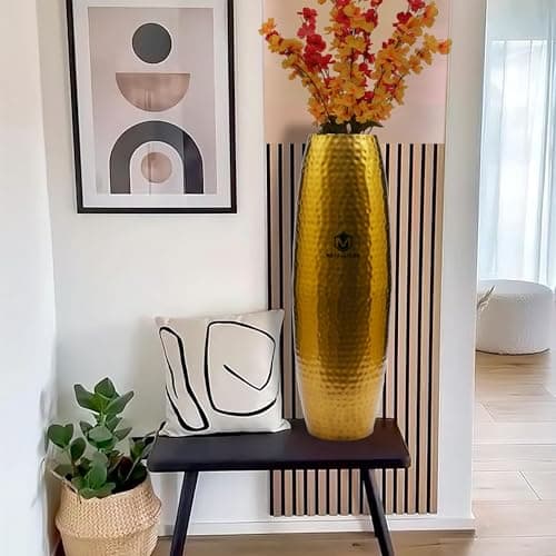 Metallicon Luxurious Hammered Gold Metal Floor Vase Tall Decorative Vase for Living Room, Modern Minimalist Design, Perfect for Dried Flowers (24.2 Inch) (Gold)