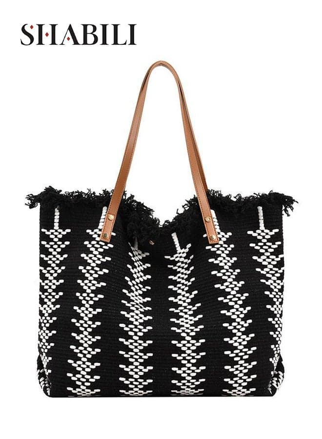 Women Canvas Tote Bags Shoulder Bag Handbag Satchel Large‑Capacity Fringe Woven Pattern, Ladies Teen Youth Top‑Handle Shopper Beach Carryall for Daily Casual Travel Work Shopping Everyday Bag (Black)