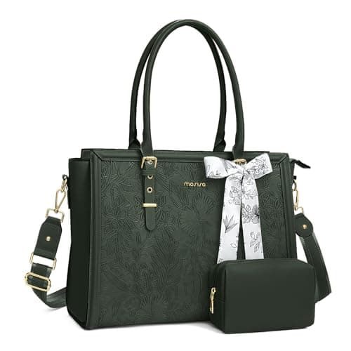 MOSISO Laptop Bag for Women, 17-17.3 inch PU Leather Tote Bag Compatible with MacBook, HP, Dell, Asus Notebook, Front Embossed Retro Hibiscus Computer Bags with Silk Scarf&Clutch Purse, Emerald Green