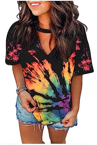 Sexy V Neck T Shirts for Women Tie Dye Hollow Out Blouse Tops Summer Loose Casual Shirt Country Music Graphic Tee Shirts (XL,Rainbow)