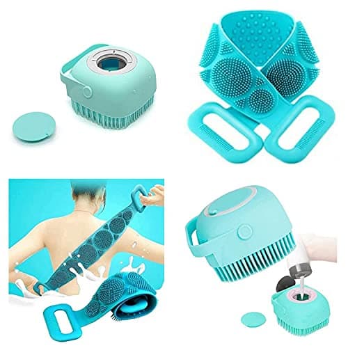SAFERSKY 2 Pcs Combo Silicone Body Back Scrubber, Double Side Bathing Brush For Skin Deep Cleaning Massage, Exfoliating Belt For Shower, Dead Skin Removal Easy To Clean body Brush For Bathing, Silicone Body Scrubber And Bath Brush with Soap Dispenser, Bath Body Cleaning Belt, Body Cleaner Brush for