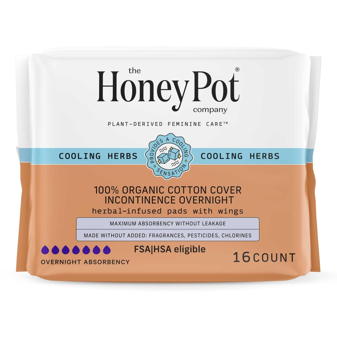 The Honey Pot Company Herbal Pads for Women Organic Incontinence Overnight wWings Infused wEssential Oils for Cooling Effect Postpartum Essentials Feminine Care 16 ct