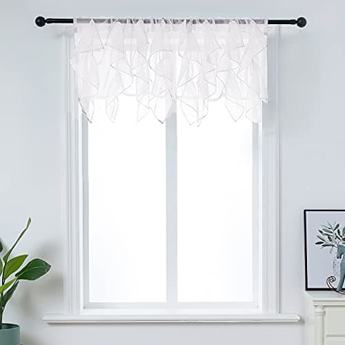 PearAge Ruffled Voile Semi Sheer Curtain Valance, Kitchen Living Room Shabby Chic Ruffle Valance Curtains, Girls Daughters Bedroom Cascade Window Valance Ivory 50x16 Inches