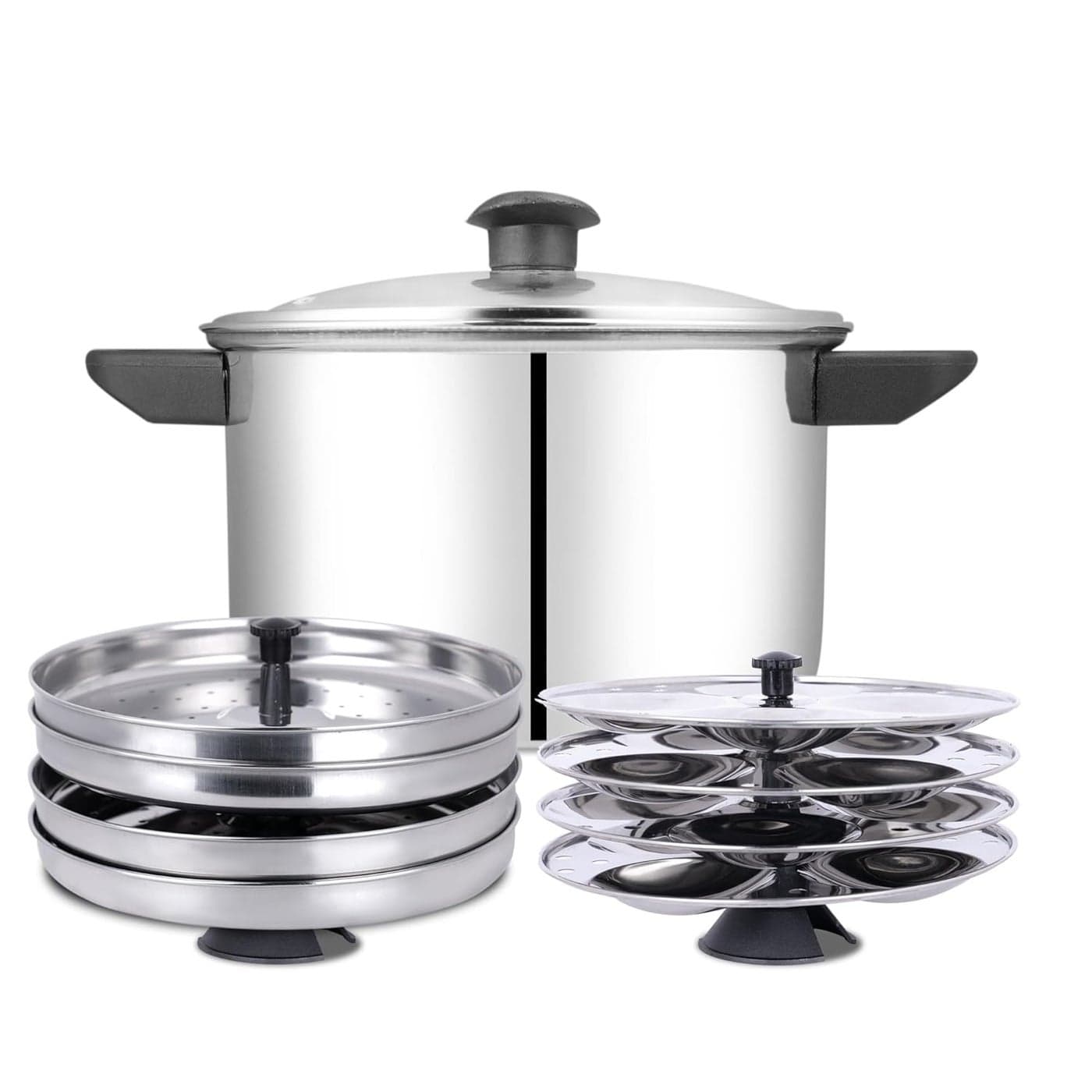 Homepro Stainless Steel Multi Cooker Pro Induction base Glass lid with 4 Idli Plates and 2 Dhokla Plates and 2 Steamer Plates