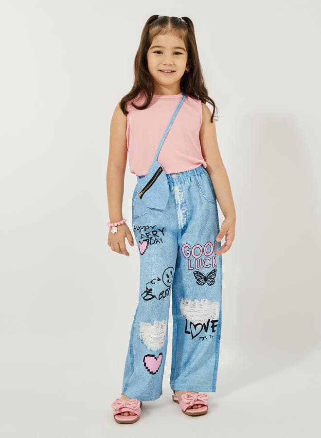 Pack Of 3 - Plain Rib Knit Tank, Printed Denim Look Pants & Sling Bag