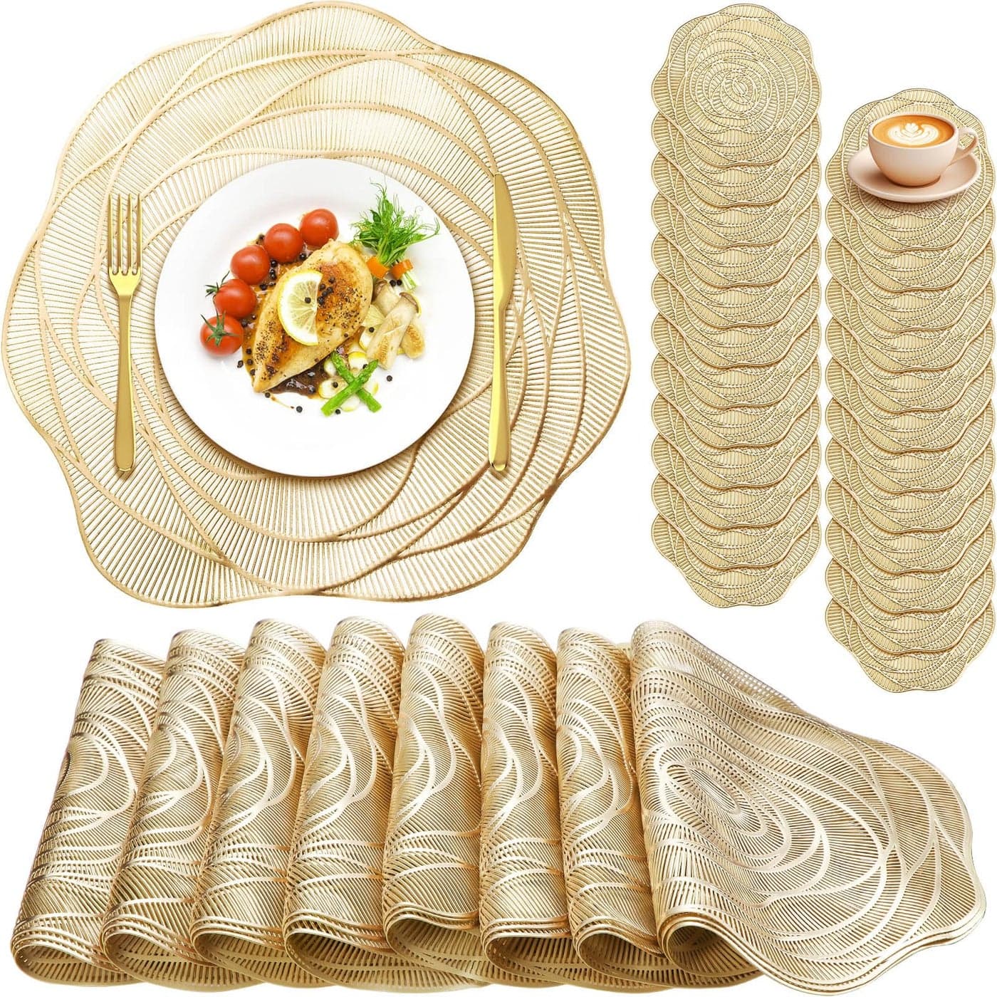 Sieral 24 Set 15 Inch Round Pressed Vinyl Placemats Hollow Out Rose Placemat Set Metallic Slip Resistant Place Mat Coaster Including Place Mats and Coasters for Wedding Dining Kitchen Gold