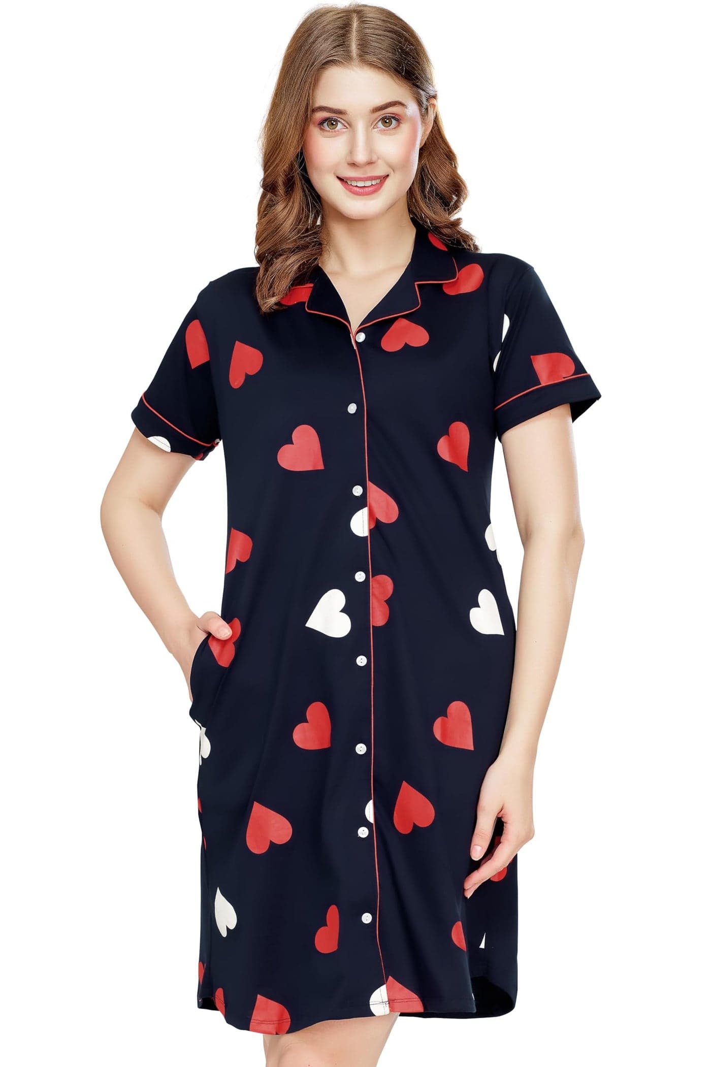 ZEYO Women's Cotton Navy Blue Night Dress Heart Printed Knee Length Night Gown 5792