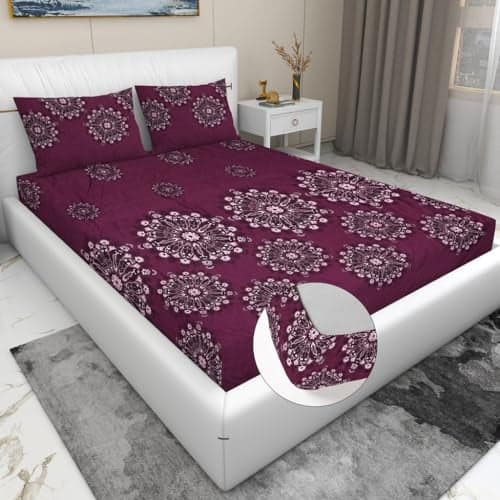 RD TREND Presents Luxurious Glace Cotton Super Soft 210 TC 360° Elastic Fitted Bedsheet King Size (78X72X8 Inch) with 2 Pillow Covers, Color- Wine, Pattern-Flower